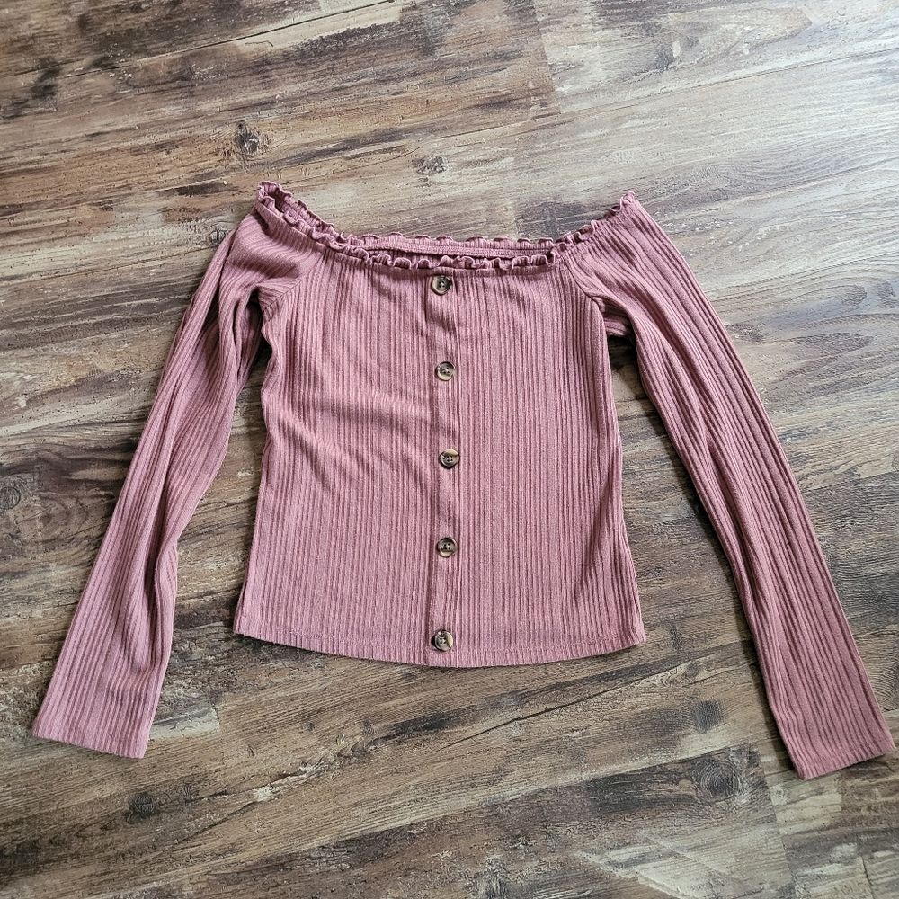 Aeropostale Seriously Soft Pink Ribbed Button Crop Top Long Sleeve L